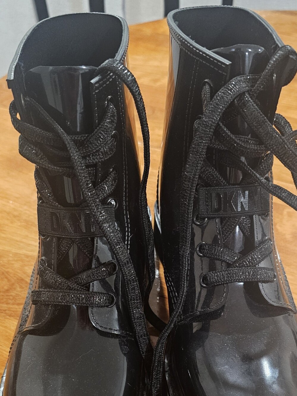 DKNY Tilly Lace-Up Combat Rain Bootie | Black Patent | Women's Size 10